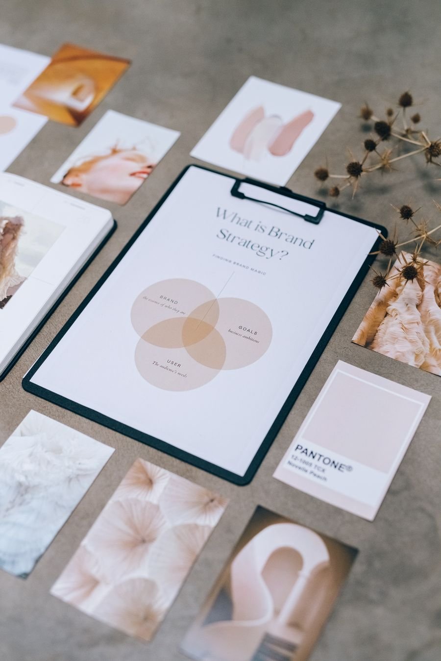Brand design materials and color swatches on a desk